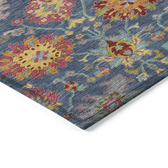 10' X 14' Navy Blue Gold And Pink Damask Washable Indoor Outdoor Area Rug