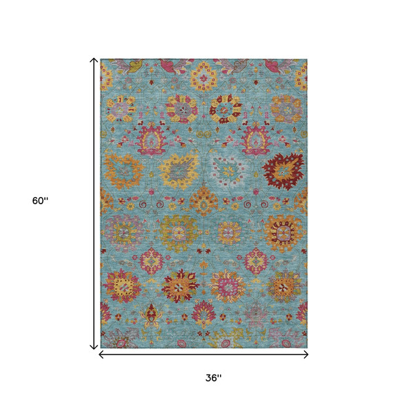 3' X 5' Teal Blue Gold And Pink Damask Washable Indoor Outdoor Area Rug