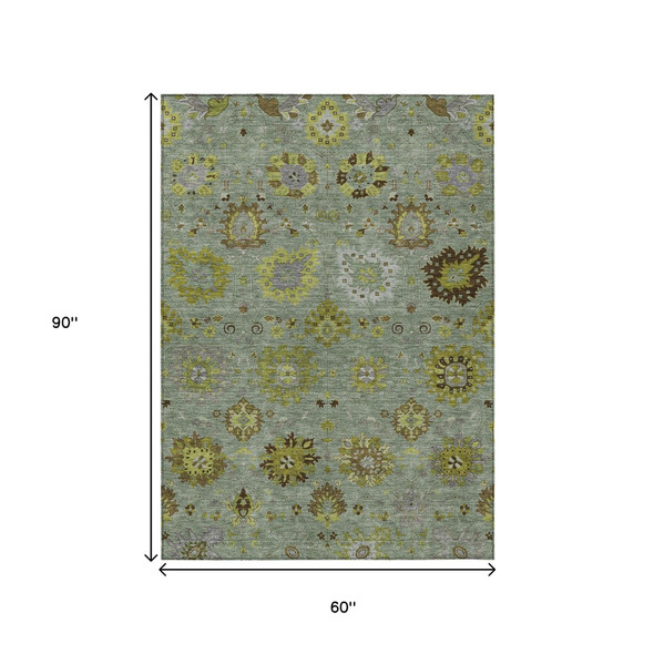 5' X 8' Fern Green And Gray Damask Washable Indoor Outdoor Area Rug
