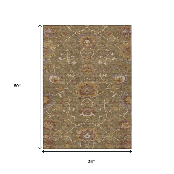 3' X 5' Brown And Beige Floral Washable Indoor Outdoor Area Rug