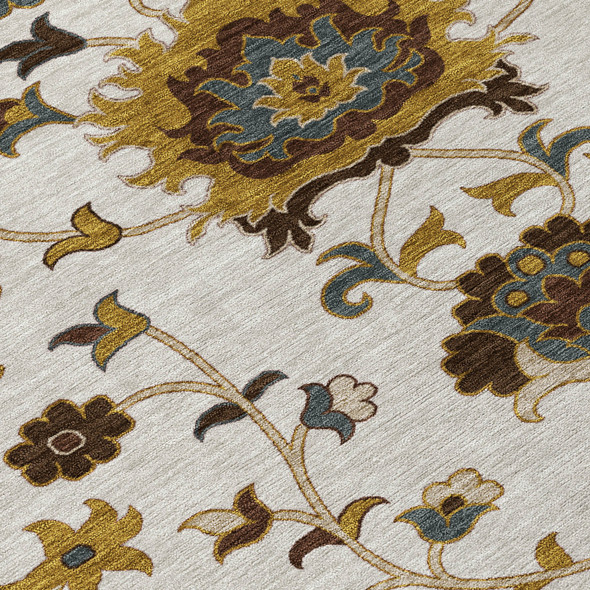 3' X 5' Ivory Gray And Gold Floral Washable Indoor Outdoor Area Rug