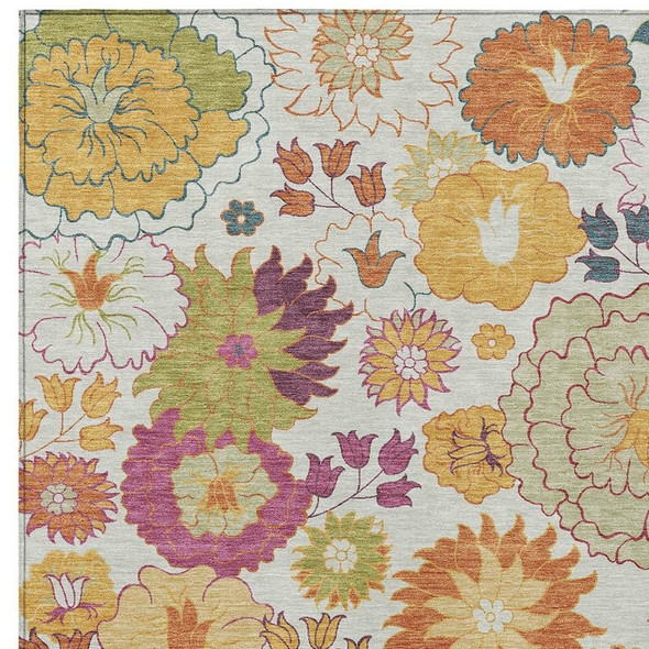 8' X 10' Ivory Gold And Pink Floral Washable Indoor Outdoor Area Rug