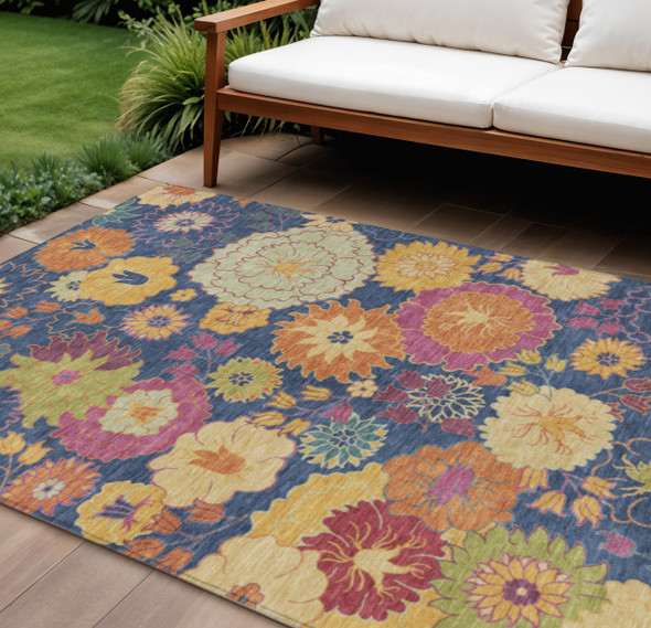8' X 10' Navy Blue Gold And Pink Floral Washable Indoor Outdoor Area Rug