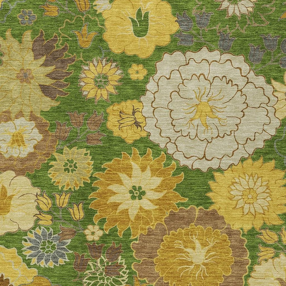 10' X 14' Fern Green Gold And Beige Floral Washable Indoor Outdoor Area Rug
