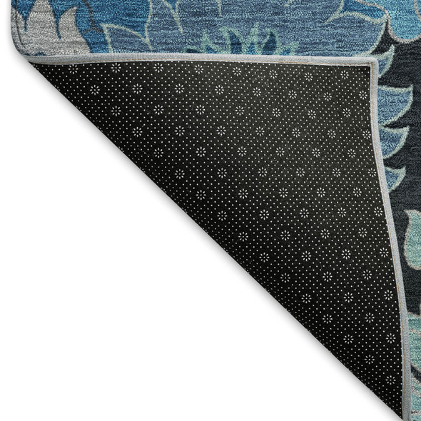 9' X 12' Blue And Black Floral Washable Indoor Outdoor Area Rug