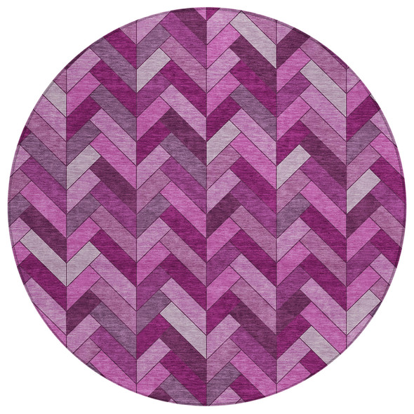 8' Pink And Ivory Round Geometric Washable Indoor Outdoor Area Rug