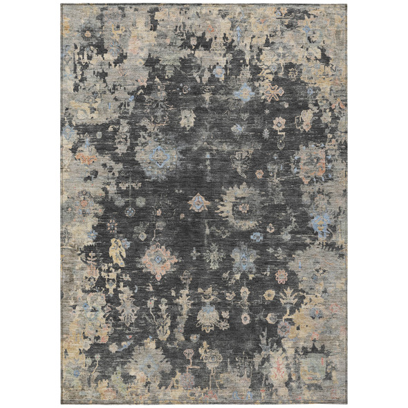 8' X 10' Charcoal And Beige Floral Washable Indoor Outdoor Area Rug