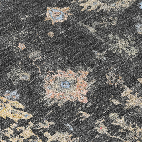 10' X 14' Charcoal And Beige Floral Washable Indoor Outdoor Area Rug