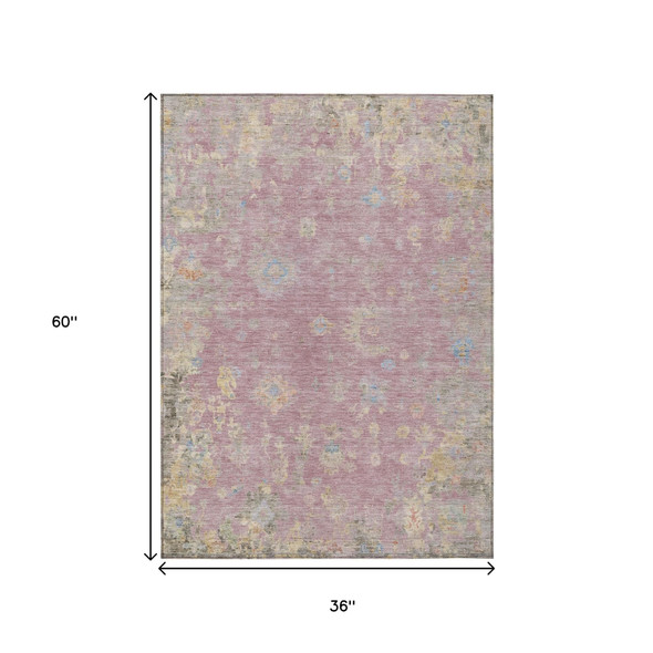 3' X 5' Pink Beige And Gray Floral Washable Indoor Outdoor Area Rug