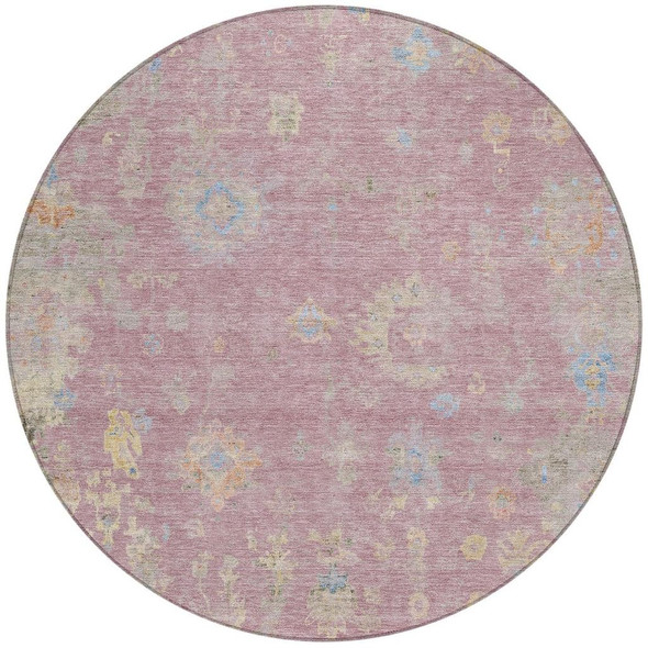 8' Pink Beige And Gray Round Floral Washable Indoor Outdoor Area Rug