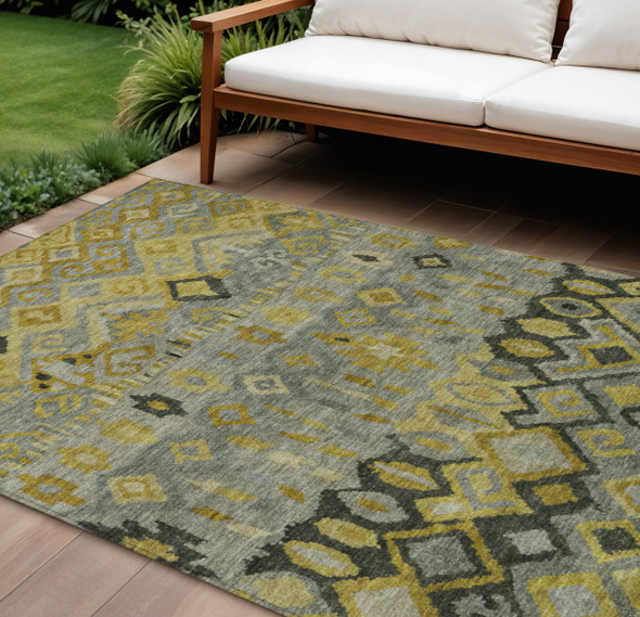 10' X 14' Pewter Gold And Charcoal Geometric Washable Indoor Outdoor Area Rug