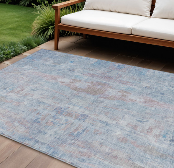 9' X 12' Blue And Blush Abstract Washable Indoor Outdoor Area Rug