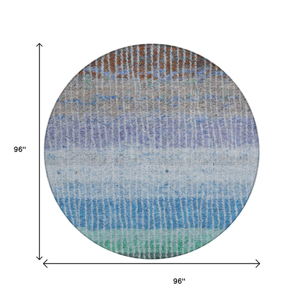 8' Blue Brown And Green Round Striped Washable Indoor Outdoor Area Rug