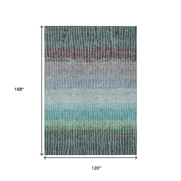 10' X 14' Teal Blue And Green Striped Washable Indoor Outdoor Area Rug