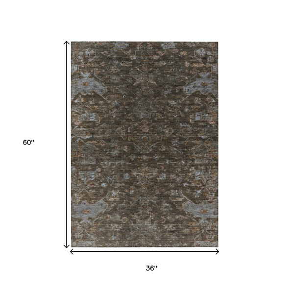 3' X 5' Chocolate And Gray Medallion Washable Indoor Outdoor Area Rug