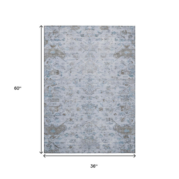 3' X 5' Sky Blue And Ivory Medallion Washable Indoor Outdoor Area Rug
