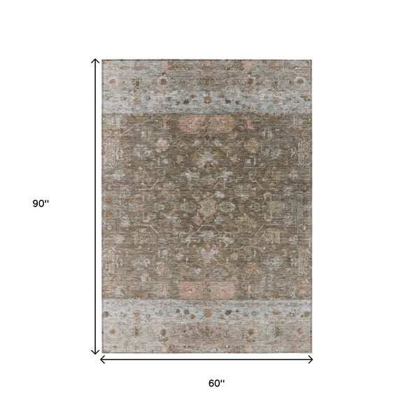 5' X 8' Brown And Gray Tribal Washable Indoor Outdoor Area Rug
