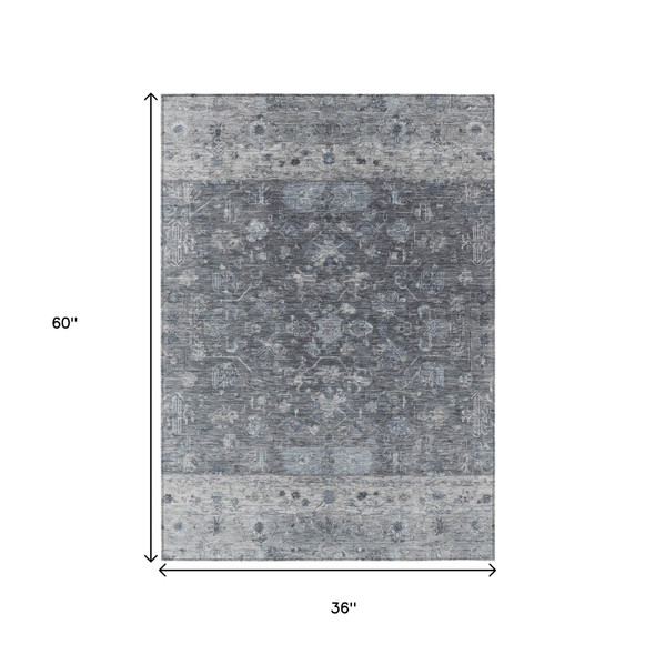 3' X 5' Gray And Silver Tribal Washable Indoor Outdoor Area Rug
