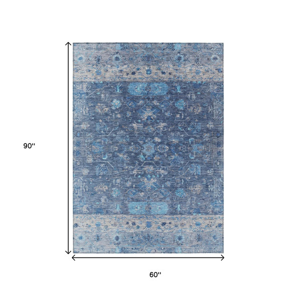 5' X 8' Navy Blue And Gray Tribal Washable Indoor Outdoor Area Rug