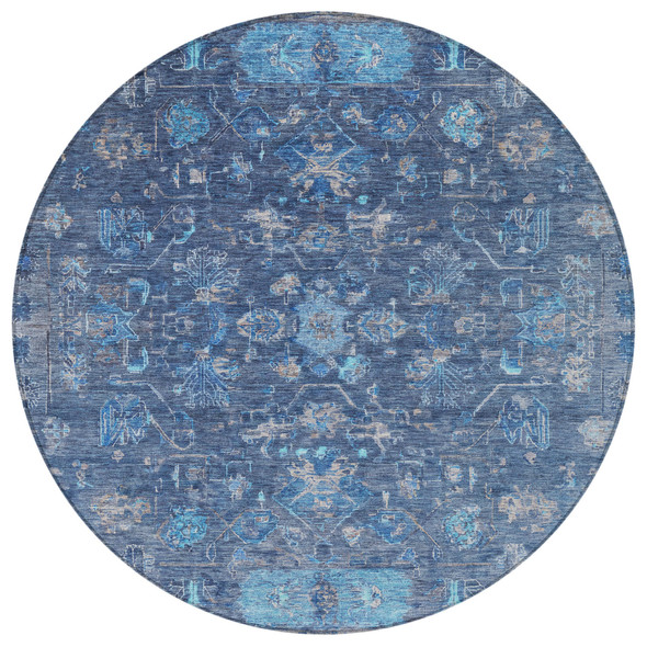 8' Navy Blue And Gray Round Tribal Washable Indoor Outdoor Area Rug
