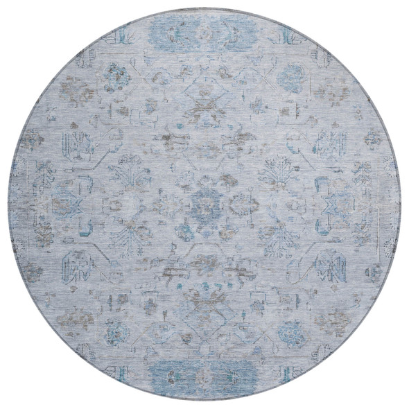 8' Sky Blue Gray And Ivory Round Tribal Washable Indoor Outdoor Area Rug