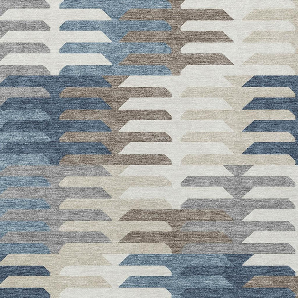 5' X 8' Denim Blue Beige And Ivory Geometric Washable Indoor Outdoor Area Rug