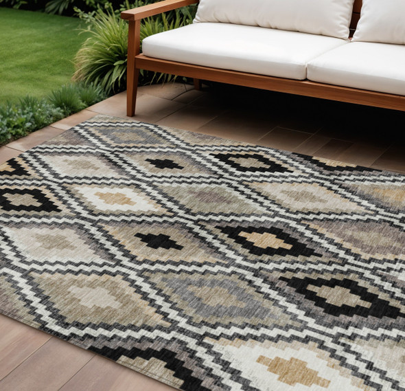 8' X 10' Black Ivory And Beige Geometric Washable Indoor Outdoor Area Rug
