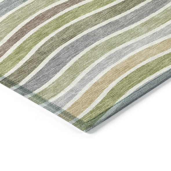 9' X 12' Fern Green Ivory And Wheat Striped Washable Indoor Outdoor Area Rug