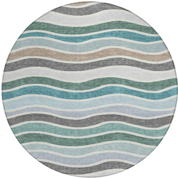 8' Teal Blue Khaki And Ivory Round Striped Washable Indoor Outdoor Area Rug