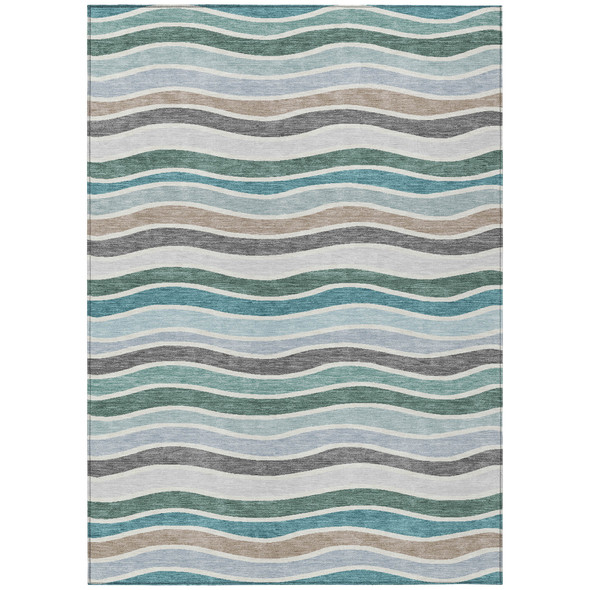 8' X 10' Teal Blue Khaki And Ivory Striped Washable Indoor Outdoor Area Rug