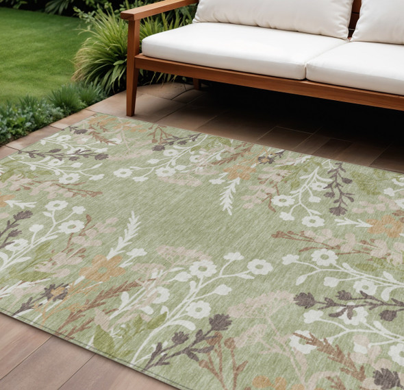 8' X 10' Artichoke Green Wheat And Ivory Floral Washable Indoor Outdoor Area Rug