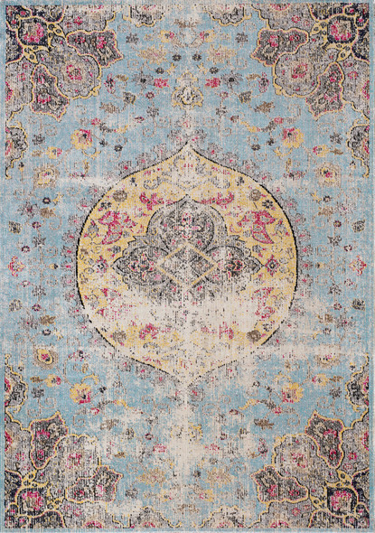 7' X 10' Blue Yellow And Pink Medallion Area Rug