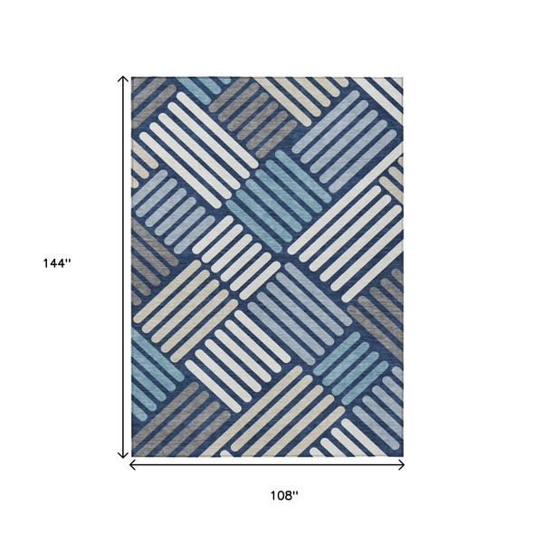 9' X 12' Navy Blue Ivory And Pewter Geometric Washable Indoor Outdoor Area Rug