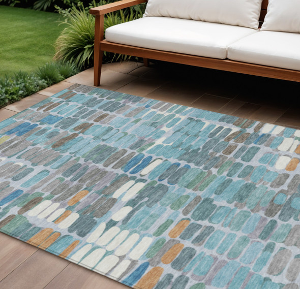9' X 12' Teal Blue Copper And Ivory Abstract Washable Indoor Outdoor Area Rug