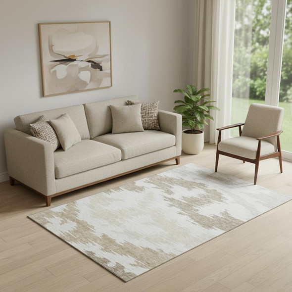 5' X 8' Ivory Beige And Taupe Abstract Washable Area Rug With UV Protection