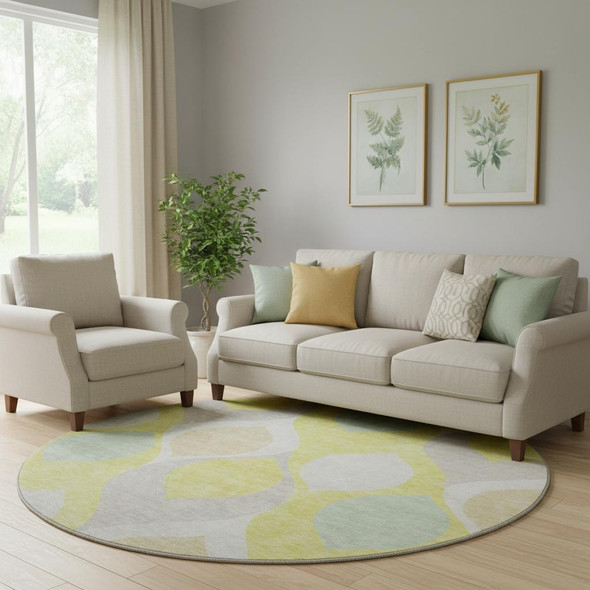 8' Yellow Ivory And Gray Ogee Washable Round Rug With UV Protection