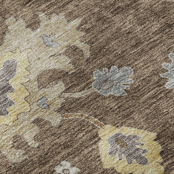 3' X 5' Chocolate Gold And Gray Floral Medallion Washable Area Rug With UV Protection