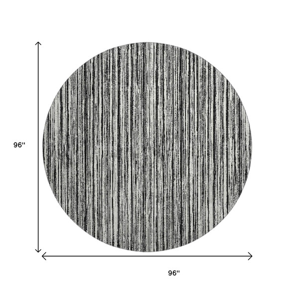 8' Black And Ivory Striped Washable Round Rug With UV Protection
