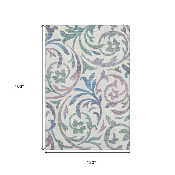 10' X 14' White Sage And Mauve Floral Washable Area Rug With UV Protection