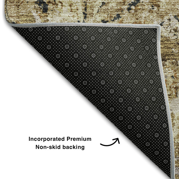 8' Beige Gray And Brown Diamond Washable Round Rug With UV Protection