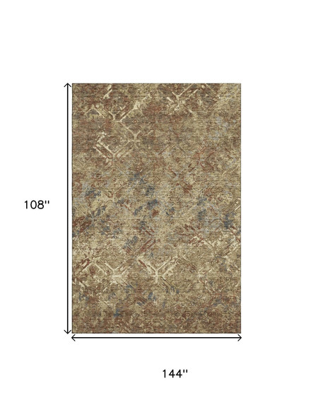 9' X 12' Brown Beige And Copper Diamond Washable Area Rug With UV Protection