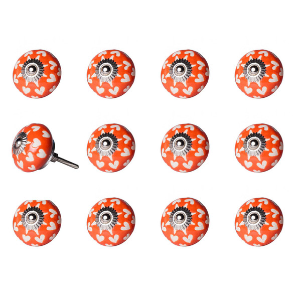 Set of Twelve Orange White And Silver Floral Ceramic Drawer Pull Knobs