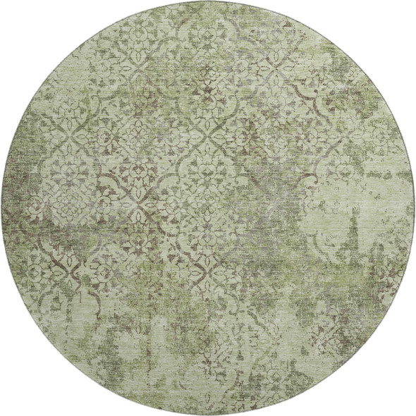 8' Artichoke Green Gray And Taupe Abstract Washable Round Rug With UV Protection