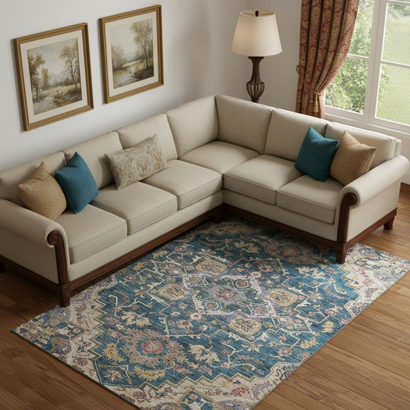 9' X 12' Blue Gold And Rust Floral Medallion Washable Area Rug With UV Protection