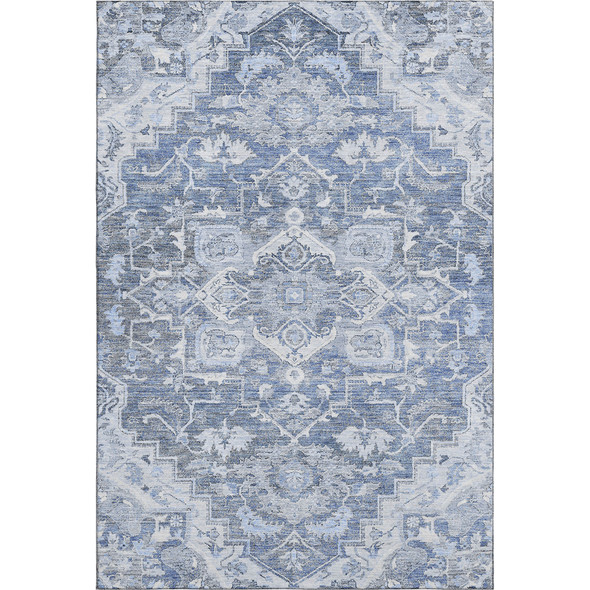 8' X 10' Denim Blue Ivory And Gray Floral Medallion Washable Area Rug With UV Protection