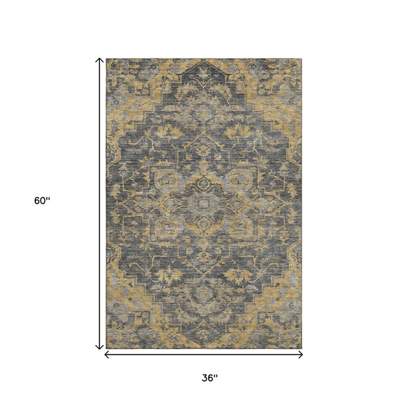 3' X 5' Gray Gold And Silver Floral Medallion Washable Area Rug With UV Protection