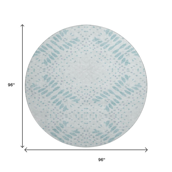 8' Teal And Ivory Floral Washable Round Rug With UV Protection