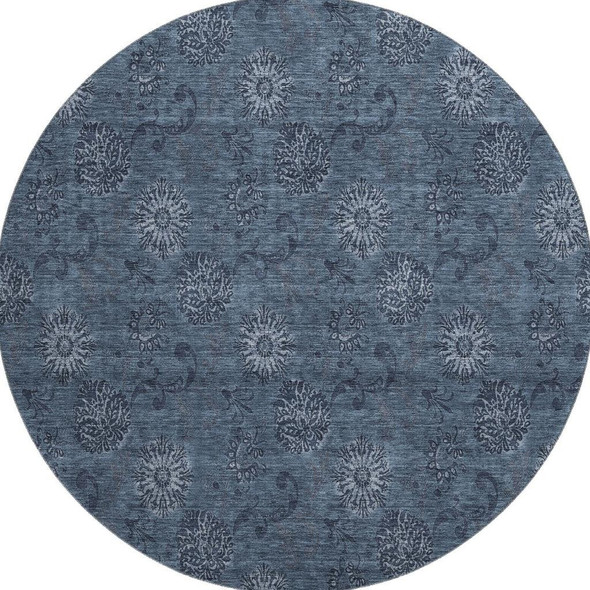 8' Blue And Ivory Floral Washable Round Rug With UV Protection
