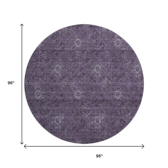 8' Eggplant And Ivory Floral Washable Round Rug With UV Protection
