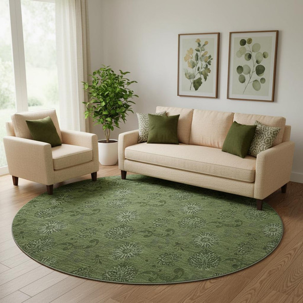 8' Olive Green And Ivory Floral Washable Round Rug With UV Protection